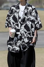 8XL-M冰丝凉感衬衣垂感透气复古花纹宽松男五分袖短袖衬衫CS526，男装衬衫，电商D206-1