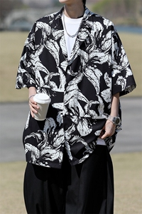 8XL-M 冰丝凉感衬衣垂感透气复古花纹宽松男五分袖短袖衬衫CS526图片