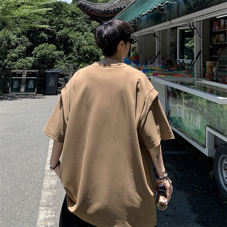华夫格t恤男夏季小众设计感假两件短袖上衣美式潮牌宽松半袖体恤,男装T恤,星座1013