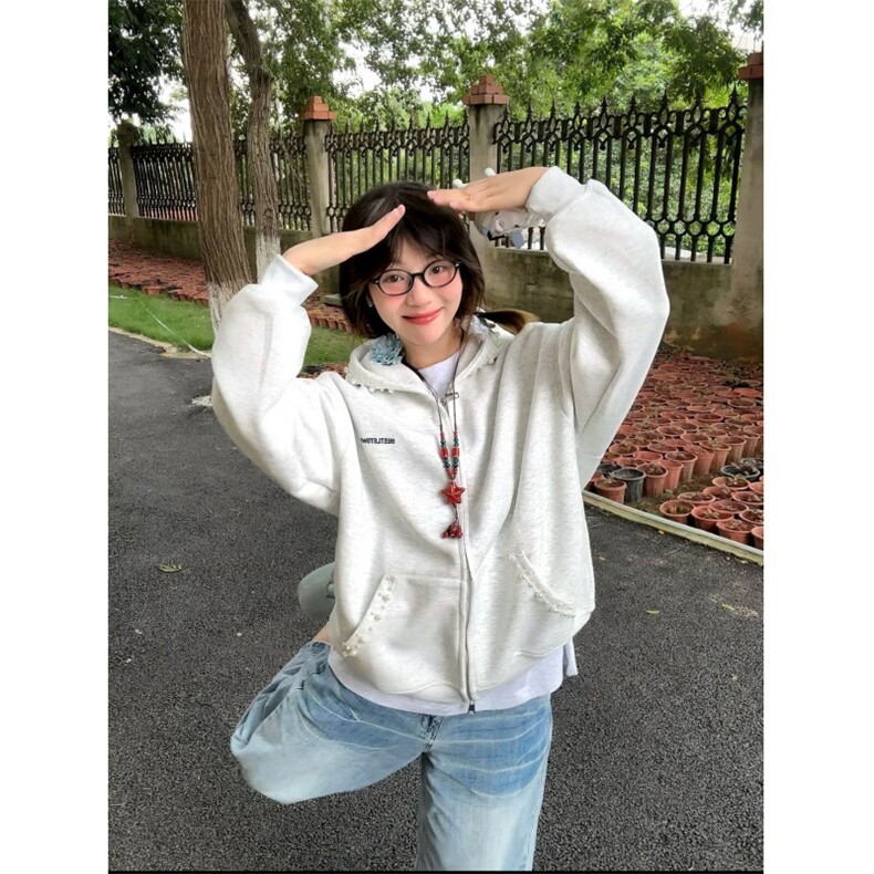 钉珠连帽开衫卫衣外套女2025新款秋冬美式高街复古宽松小众设计感,女装短外套,星座506A