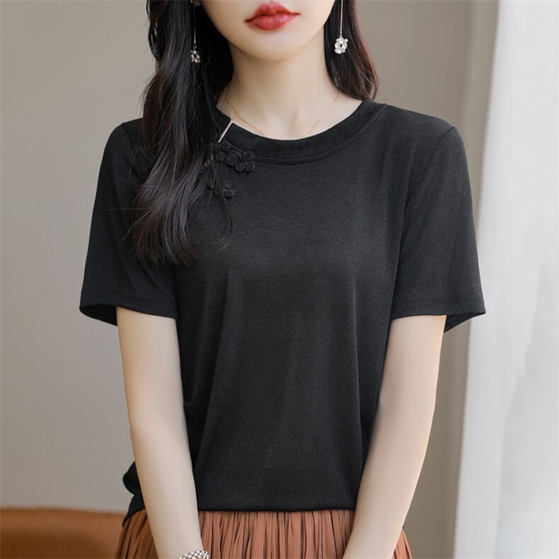 小心机短袖t恤女夏季新中式轻国风盘扣宽松圆领半袖小衫2025新款,女装T恤,臻维羊绒