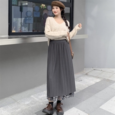 流苏拼接两面穿纱裙2024年春季高腰显瘦优雅百褶裙气质A字半身裙，女装半身裙，君汇