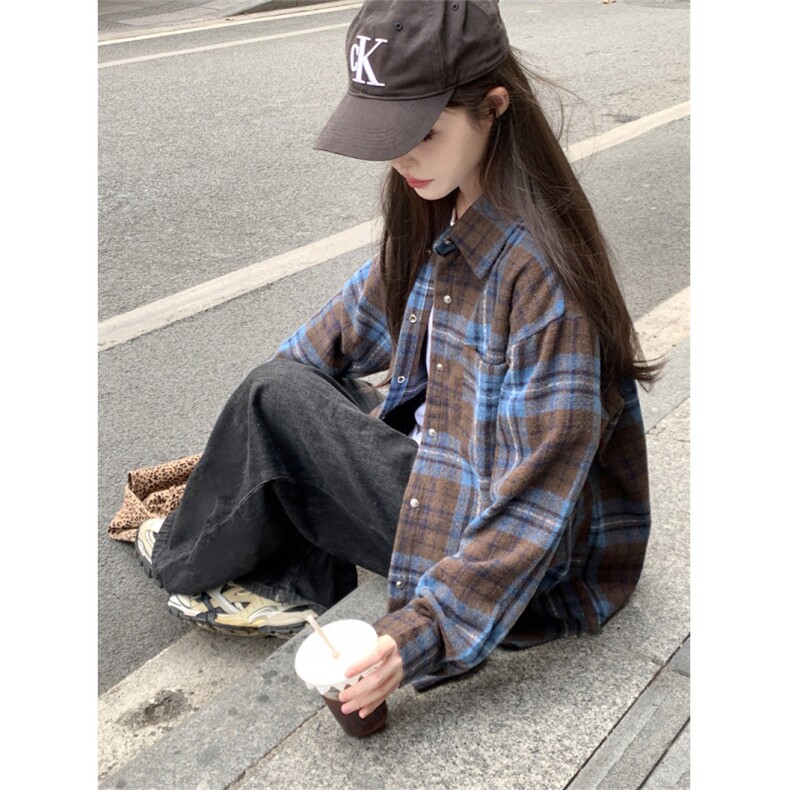 复古格子衬衫男女慵懒风宽松休闲百搭街头衬衣外套C3008,男装衬衫,星座601-1