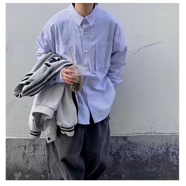 条纹衬衫男秋季2025新款韩版长袖衬衣宽松高级感复古休闲外套,男装衬衫,星座1210-1
