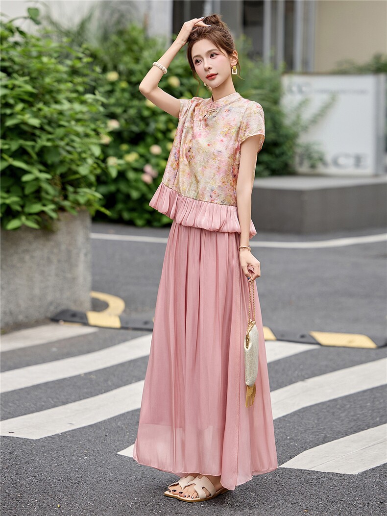 新中式g风提花人丝盘扣宽松上衣流光纱半裙两件套,女装套装/套裙,采品优优