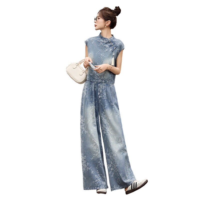 现货主推2026年夏季新款女装时尚休闲气质牛仔提花新中式套装,女装套装/套裙,关键词