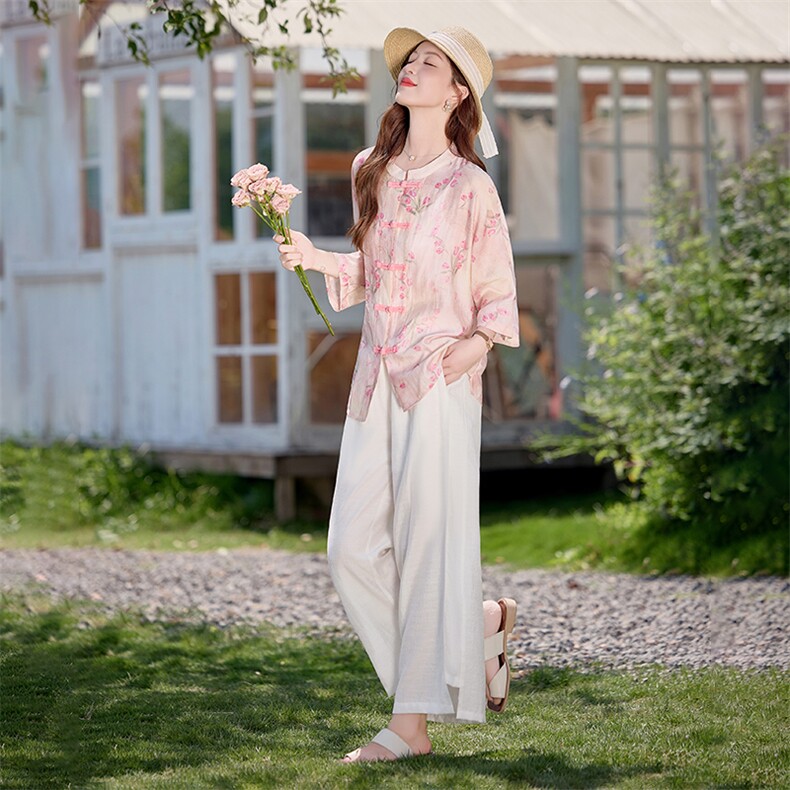 新中式天丝棉麻套装女2026夏季新款粉色印花盘扣衬衫阔腿裤两件套,女装套装/套裙,水衣源