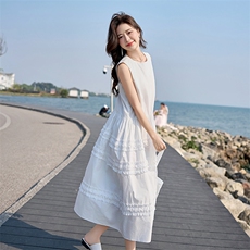 BAO韩系木耳边圆领层次无袖女2025夏季新款减龄显瘦加包包背心裙，女装连衣裙，美拉德工厂直营店