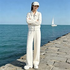 时尚减龄女春季气质休闲套装高级感杏色翻领开衫外套阔腿裤两件套，女装套装/套裙，江南