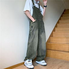 夏季新款工装牛仔背带裤男生美式宽松日系潮牌休闲拖地长裤子，男装牛仔裤，星座716-2