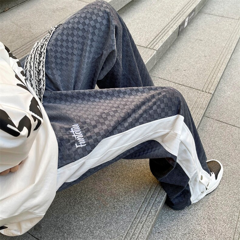 美式复古咖色裤子男秋冬日系棋盘格排扣运动裤侧边拼接阔腿直筒裤,男装休闲裤,星座601-2