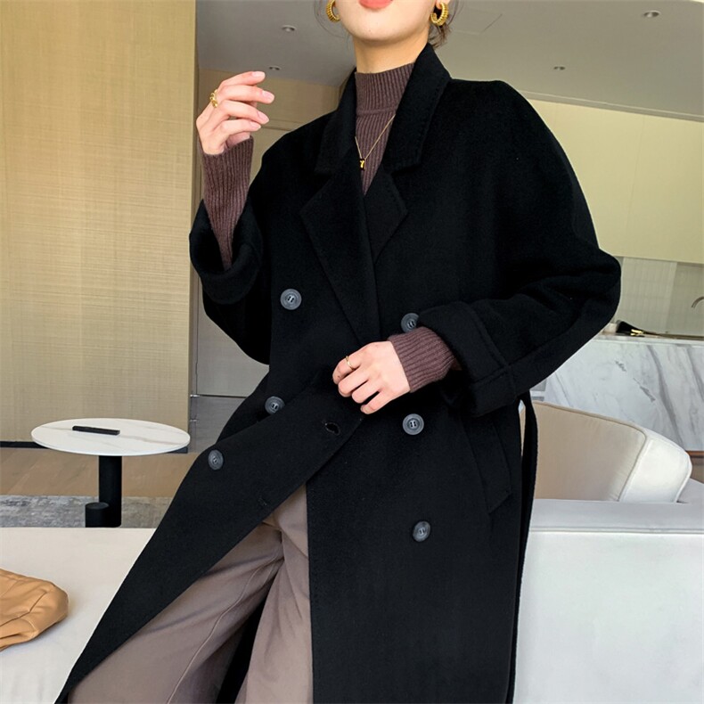 时尚百搭女士羊毛大衣黑色简约设计显瘦修身保暖外套，女装双面呢大衣，赛欧妮