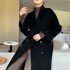 时尚百搭女士羊毛大衣黑色简约设计显瘦修身保暖外套，女装双面呢大衣，赛欧妮