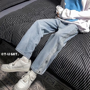 ins牛仔裤男潮牌宽松直筒痞帅春秋阔腿裤格子休闲裤高街NK331-p40图片