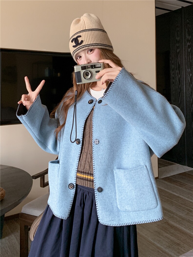 撞色双面呢羊毛大衣女冬小个子毛呢外套,女装毛呢外套,2C218