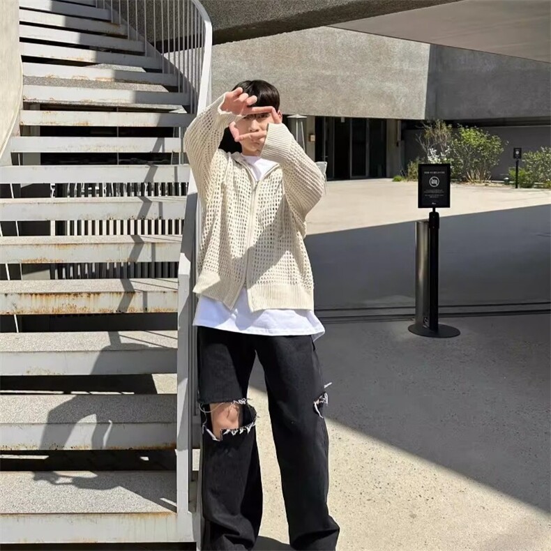 751-P45镂空针织衫男生韩版超火小众感连帽透气休闲拉链开衫,男装T恤,电商B323A