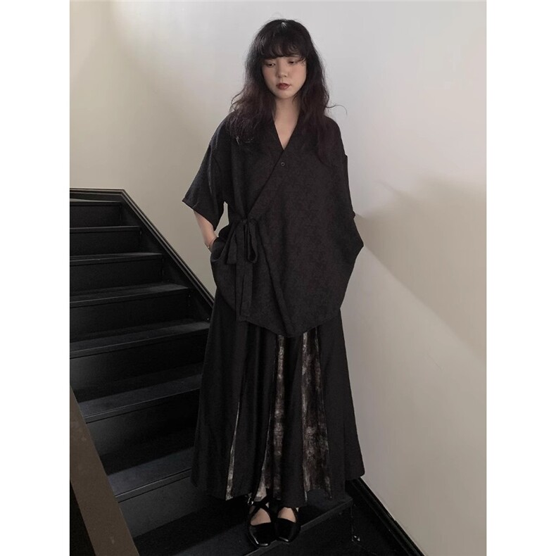 夏季复古山本耀司风花卉刺绣新中式道袍绑带短袖衬衫外套男女衬衣,男装衬衫,星座506A