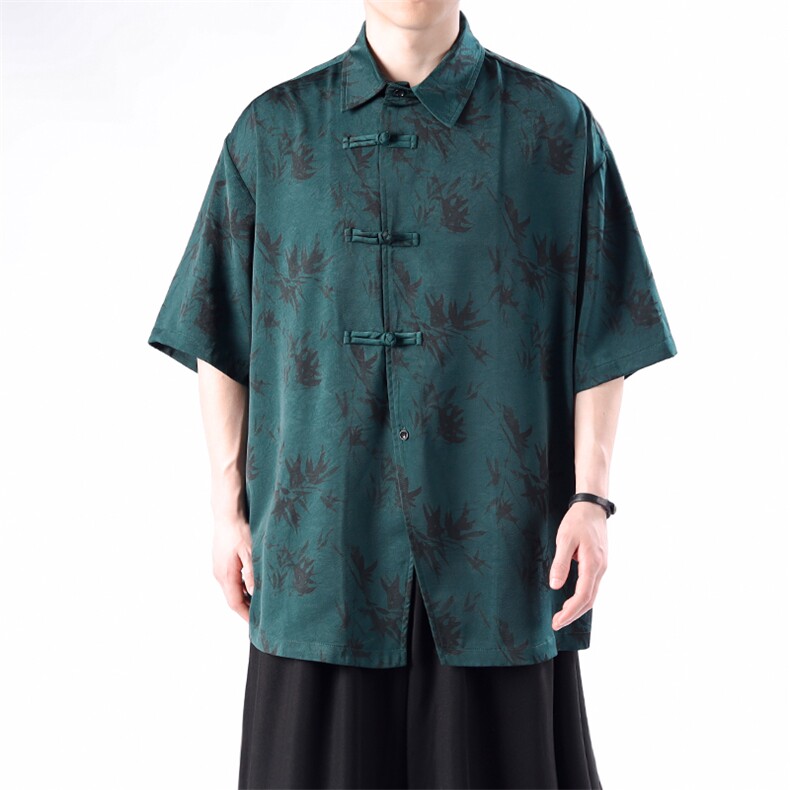 2026夏季男士新中式新翻领斜门襟盘扣开叉中袖衬衫T312-P65-控78,男装衬衫,电商A021