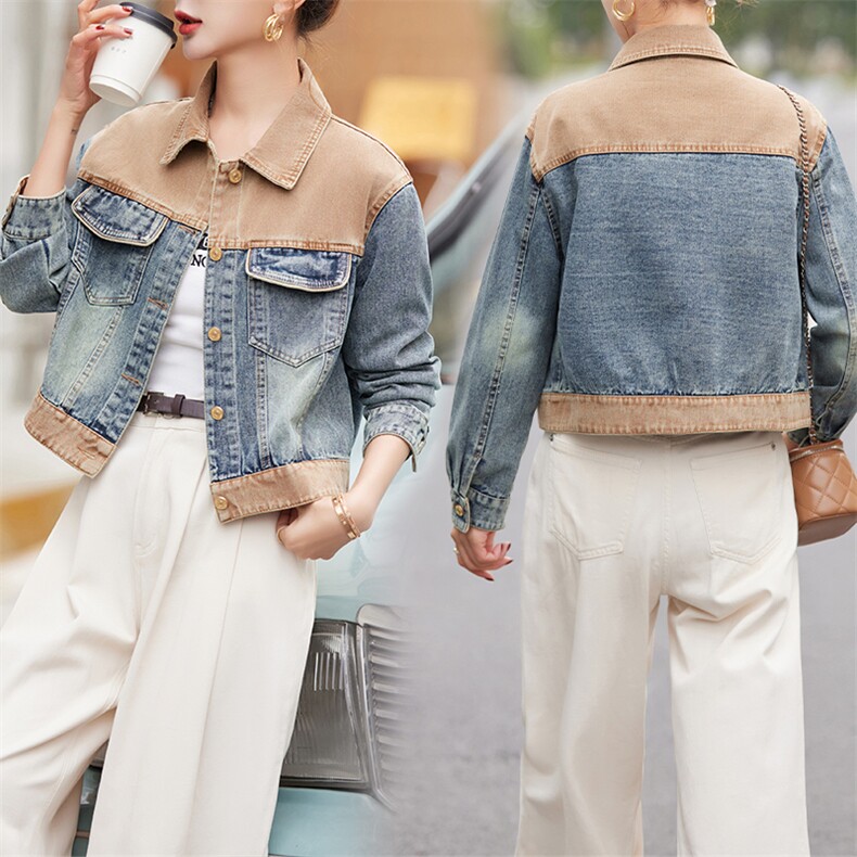 2025春季新款设计感拼接撞色短款休闲牛仔外套女小个子夹克上衣潮，女装牛仔外套，江南女神
