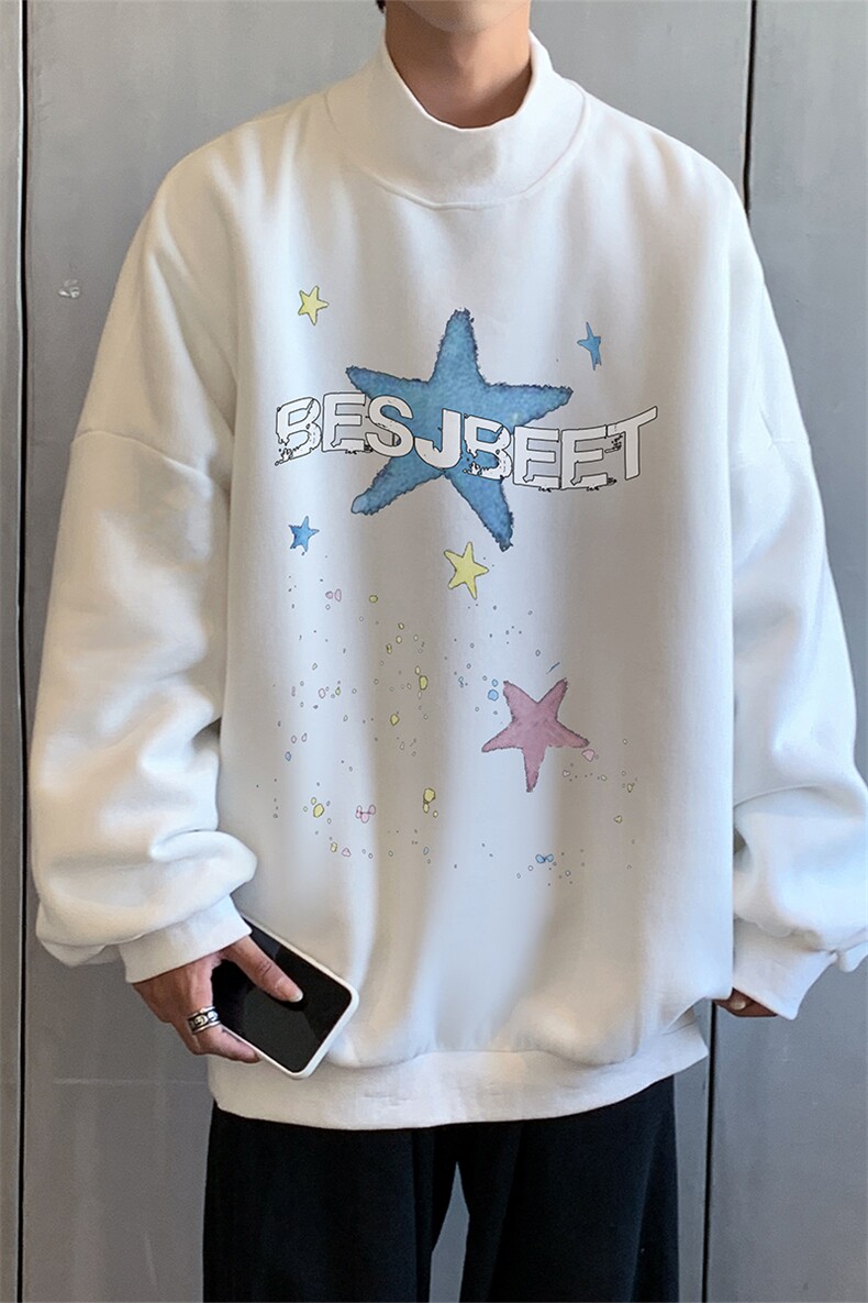 加绒加厚高领卫衣星星印花落肩袖情侣款打底衫男XZ514-2-G88-P48,男装T恤,星座514-2(原B239)