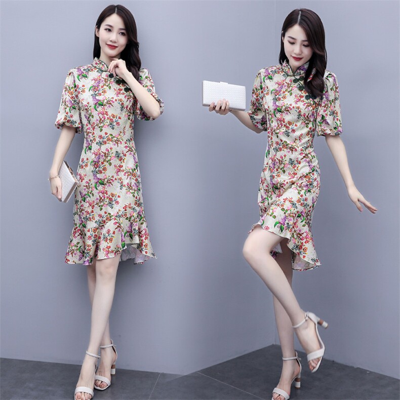 【纪菲施洛】正品香港轻奢新中式旗袍连衣裙女立领雪纺裙子，女装连衣裙，岚衣(原川流布茜）