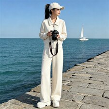 时尚减龄女春季气质休闲套装高级感杏色翻领开衫外套阔腿裤两件套,女装套装/套裙,江南