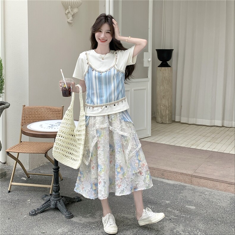 超仙拼接T恤蕾丝印花半身裙套装女夏2025新款小个子两件套高级感,女装套装/套裙,2C115