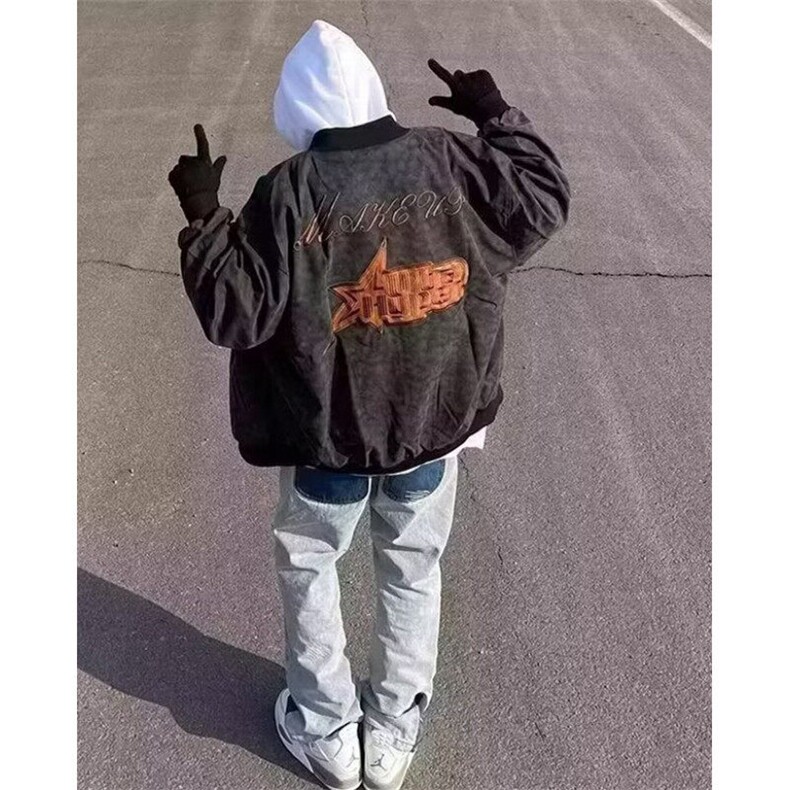 鹿皮绒刺绣外套复古街头字母刺绣外套男宽松皮衣棒球服JT23,男装夹克,星座1116A（原606A-3）
