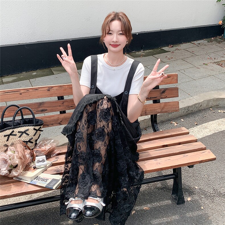休闲T恤蕾丝拼接背带连衣裙女夏2025新款甜美显瘦两件套爆款长裙,女装连衣裙,浙宝208