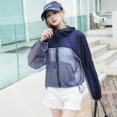 韩版拼接撞色休闲风连帽防晒外套女2025夏季新款时尚宽松防晒上衣，女装短外套，安之芮娜