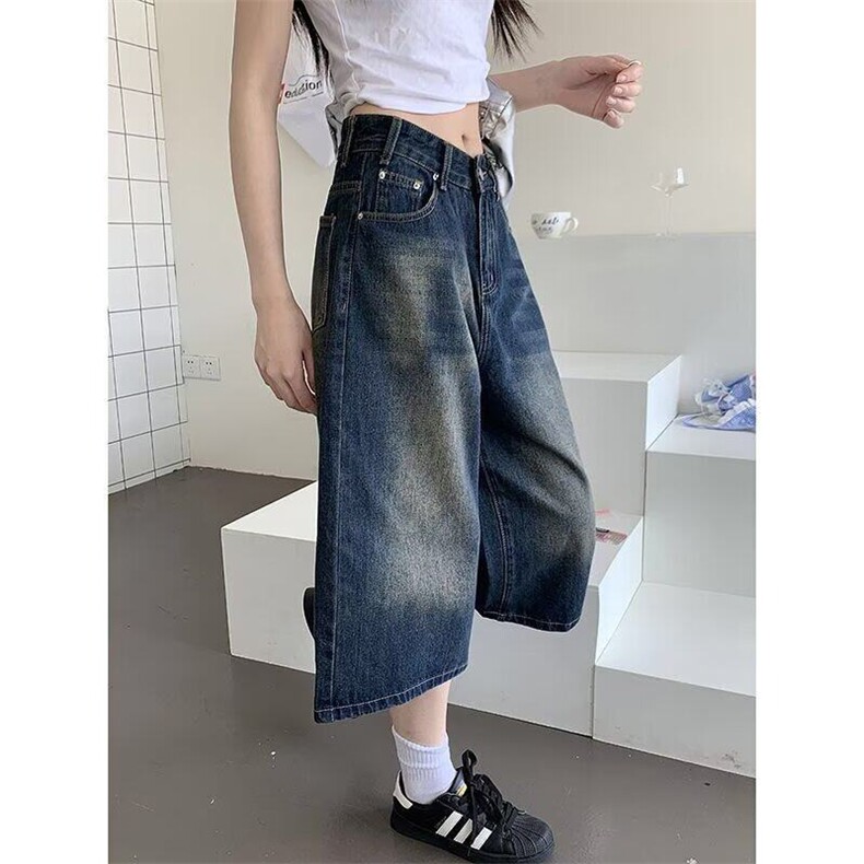 2025夏季新款阔腿牛仔裤女复古水洗做旧直筒牛仔中短裤热裤潮,女装牛仔裤,星座506A