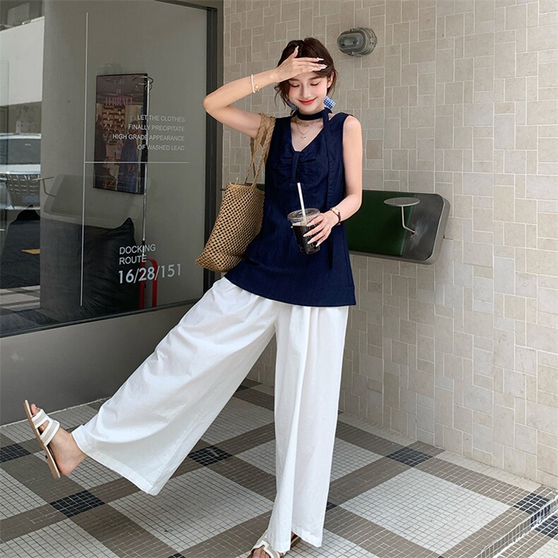 藏青色无袖衬衫上衣阔腿裤套装女夏超火流行韩系设计感两件套爆款,女装套装/套裙,浙宝276（原081）