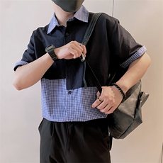 S84/P58控88夏季小伙设计感小众不规则拼接格纹休闲衬衫男黑首1，男装衬衫，星座305B