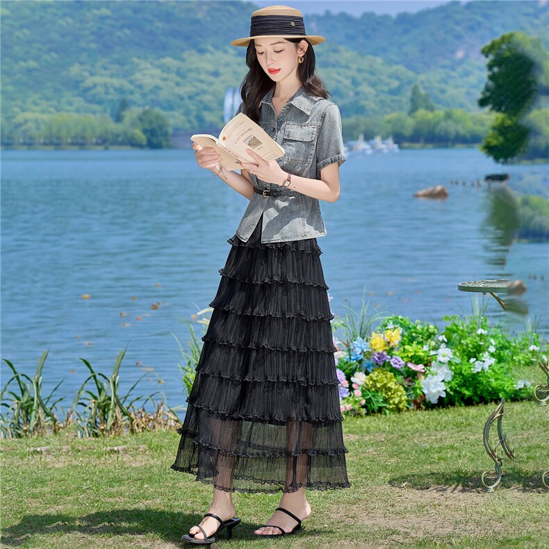 （新款现货）2026夏时尚薄牛仔短袖上衣+蛋糕纱裙两件套（配腰带,女装套装/套裙,印象茜