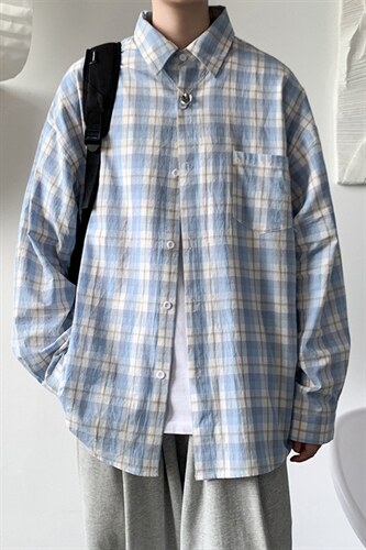 格子衬衫男长袖秋季新薄款ins潮牌港风日系宽松衬衣外套CS702P45，男装衬衫，电商B413-1