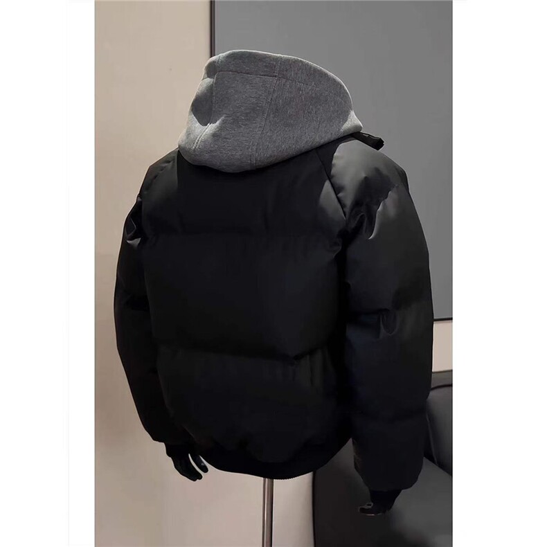网图黑色假两件PU皮棉服男款冬季防风保暖短款面包服,男装棉衣,电商C307