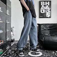 ins美式复古潮流宽松阔腿老爹裤男女直筒拖地牛仔裤bf风6728-p40，男装牛仔裤，星座1008-2