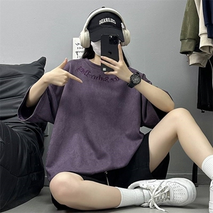供抖音大 刺绣麂皮绒短袖T恤男夏天X416B-1-DT2657-特P25限39图片