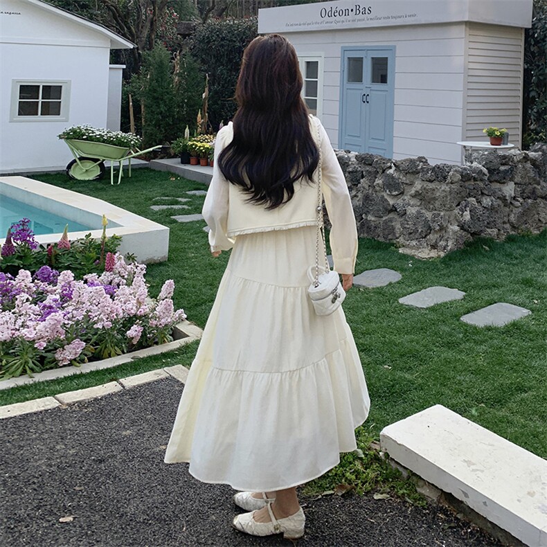 两件套春季挂脖款长袖纯色连衣裙甜美法式复古裙子小香风春秋显瘦,女装套装/套裙,浪娴服饰