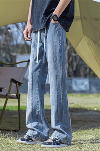 美式复古侧边条纹设计感牛仔裤宽松直筒弯刀裤潮-BK503-P48复古蓝图片