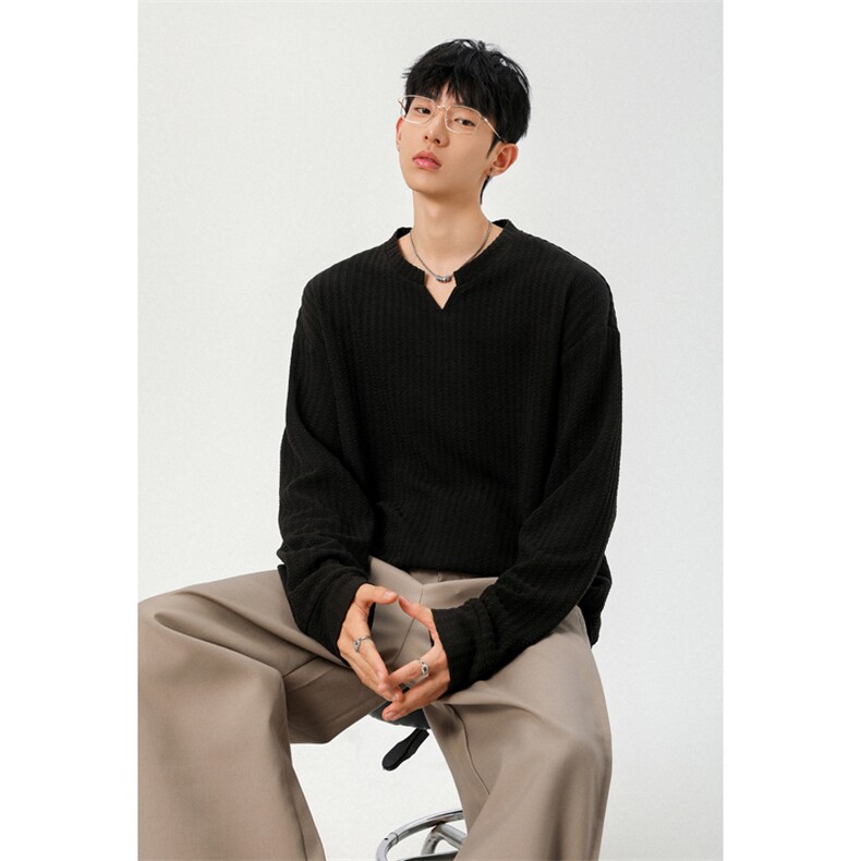 2026春季新款港风无影墙大码V领长袖T恤M-5XHT25743-特P14，男装T恤，电商A022