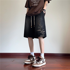 抖音品质新中式风刺绣宽松水洗牛仔短裤B315-K24122-P45控58，男装牛仔裤，电商B315
