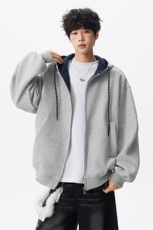 8XL-M秋连帽卫衣男宽松休闲纯色拉链开衫外套拼色帽衫运动WY27P65，女装短外套，电商D206-1