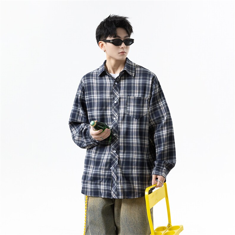 胖胖哥格子衬衫男秋季廓形大码宽松衬衣男生日系少年感休闲外套潮,男装防晒衣,电商B367