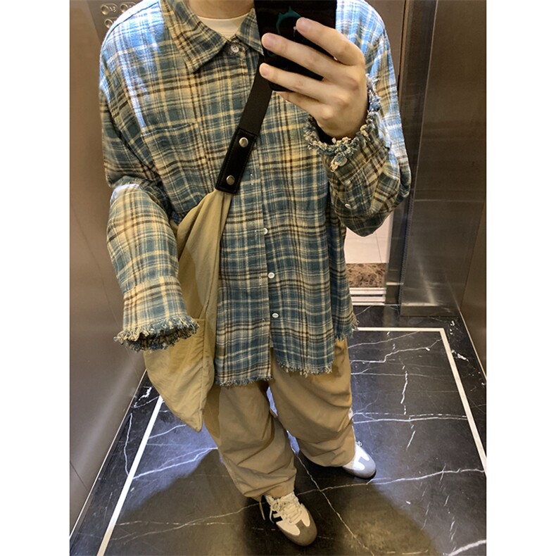 B221！美式ins高街暗黑小众毛边格子衬衫SY2320-P65控88,男装衬衫,电商B221