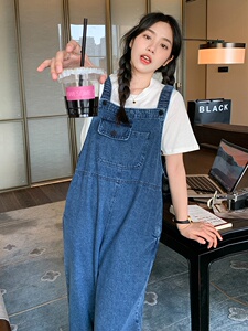 小个子设计感减龄牛仔背带裤休闲宽松显瘦哈伦阔腿束脚九分连体裤图片