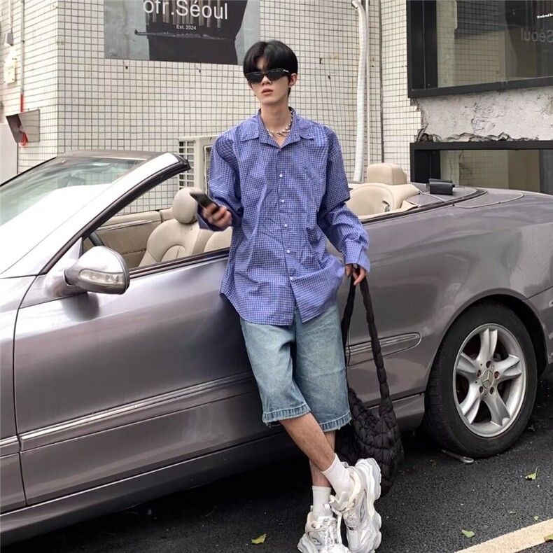 复古蓝色格子衬衫男女宽松百搭衬外套情侣防晒衬衣网图CS925-P40,男装防晒衣,星座302B