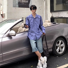 复古蓝色格子衬衫男女宽松百搭衬外套情侣防晒衬衣网图CS925-P40，男装防晒衣，星座302B