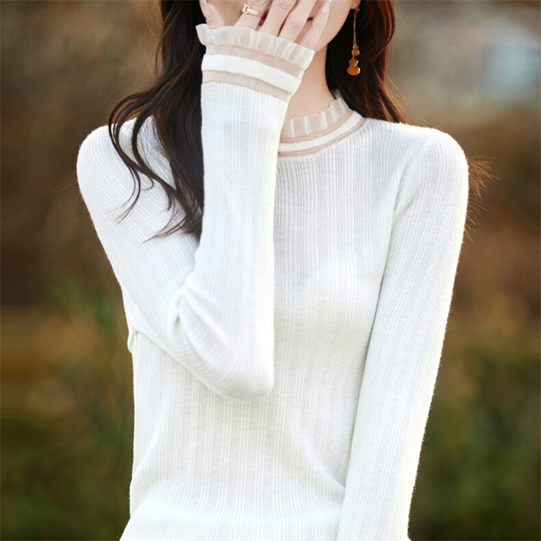 春秋新款打底衫精纺羊毛衫女圆领蕾丝木耳边薄款针织内搭上衣，女装羊毛衫，总能电商供货