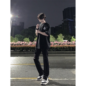 B221美式ins高街暗黑拉链小脚弹力破洞牛仔裤LK23060-P65控88